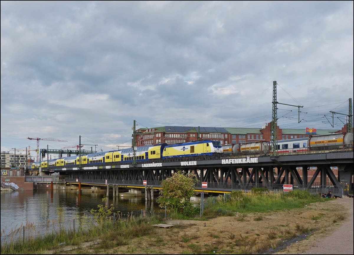 . A Metronom train is running on the Oberhafenbrcke in Hamburg on September 19th, 2013.
