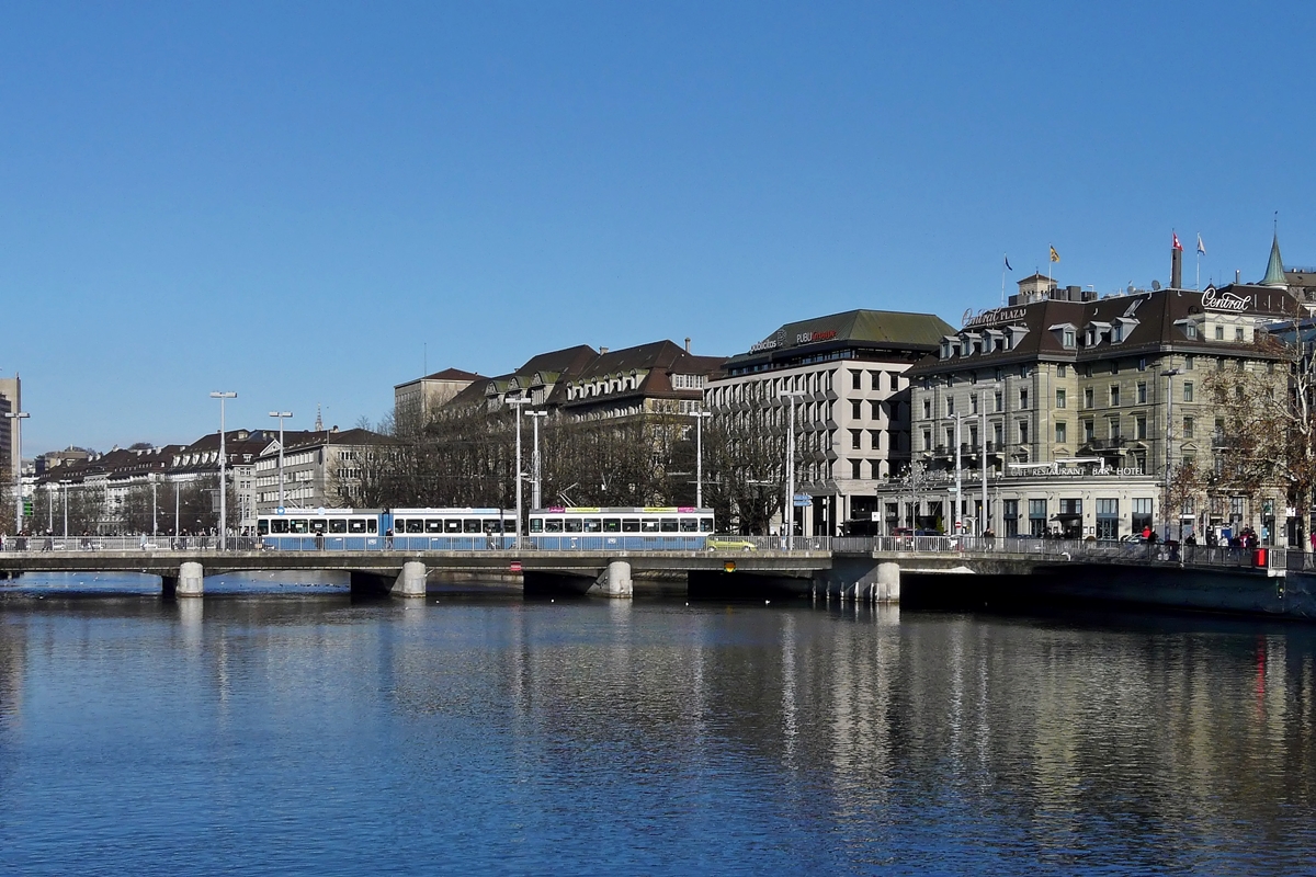 . A Tram 2000 is running on the Bahnhofbrcke in Zrich on December 27th, 2009.