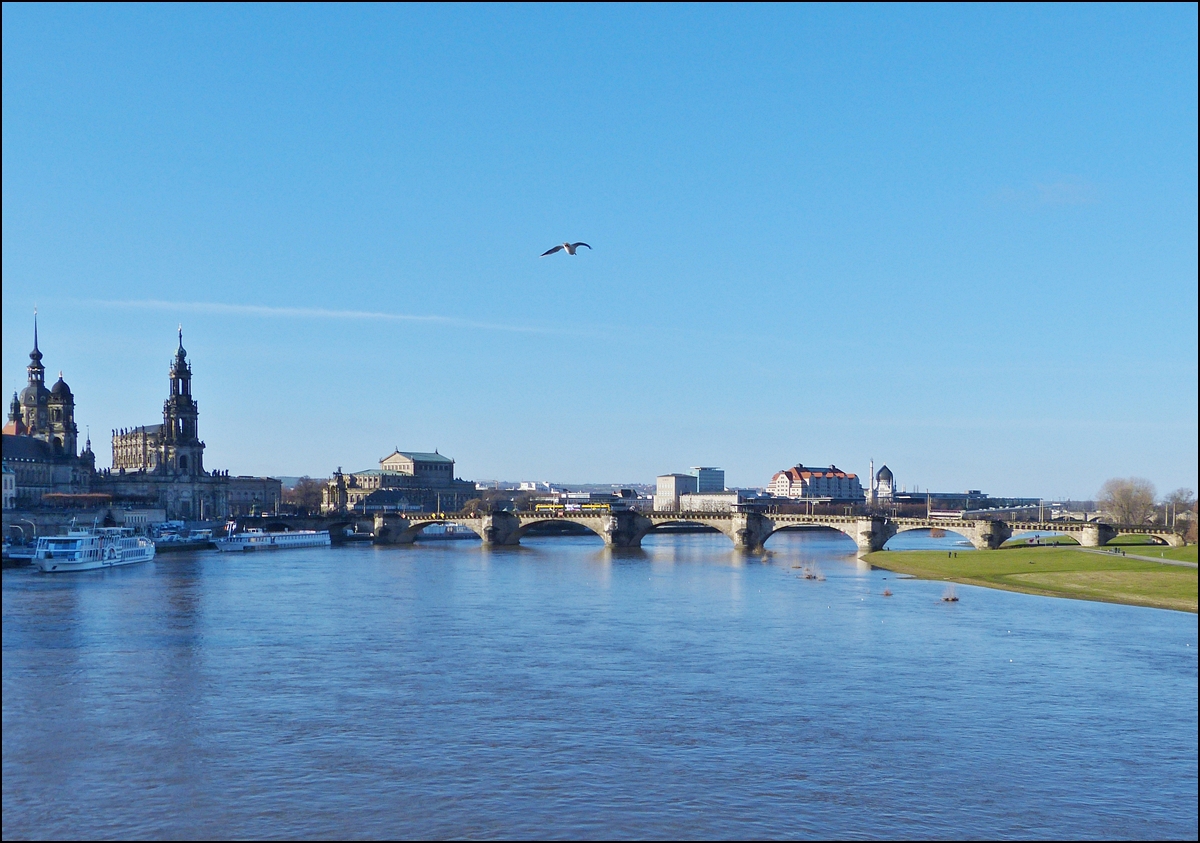 . A tram is running on the Augustusbrcke in Dresden on December 28th, 2012.