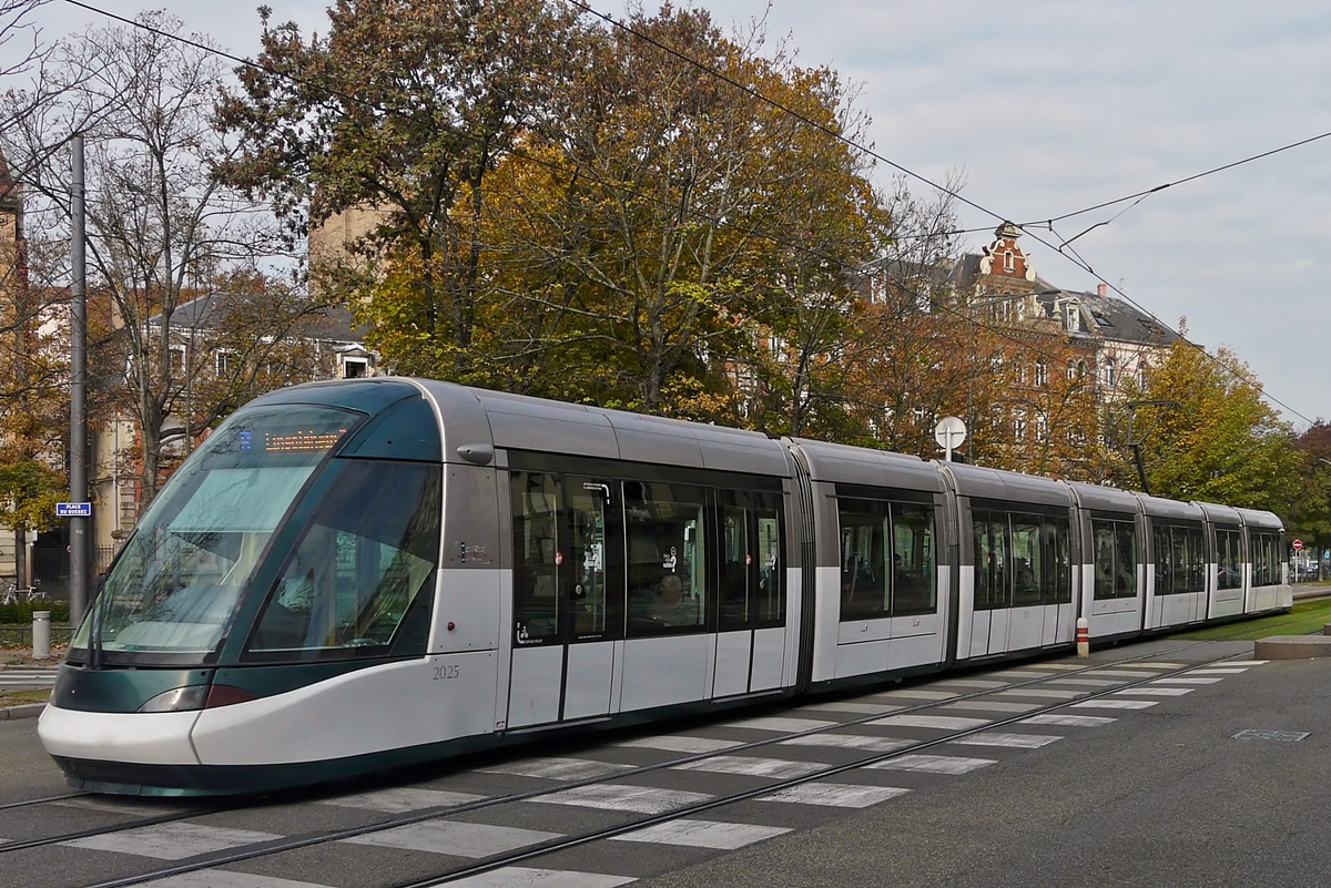 . Citadis tram 2025 is running through the Avenue de la Paix in Strasbourg on October 30th, 2011.