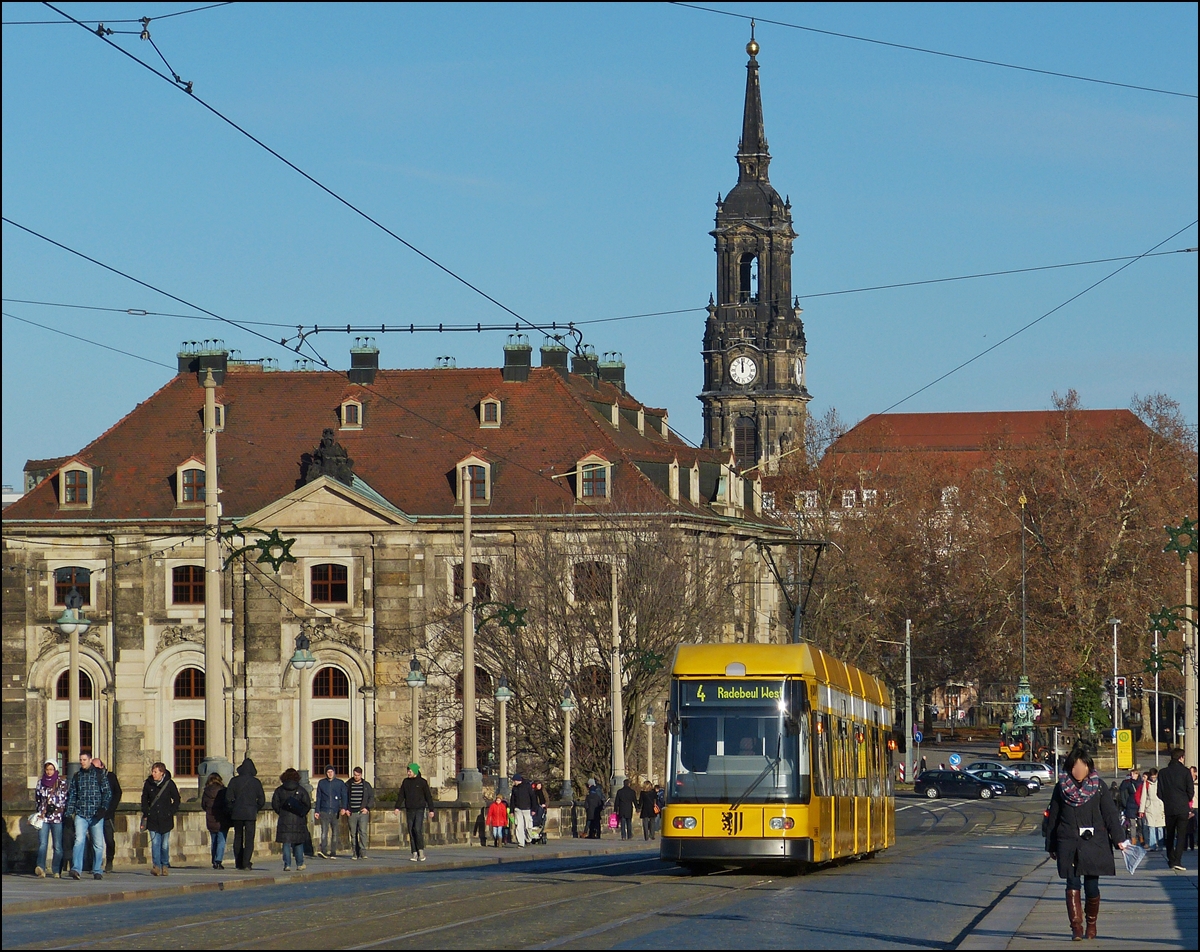 . DVB tram pictured on the Augustusbrcke in Dresden on December 28th, 2012.