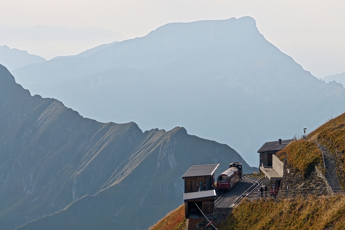 . Evening mood at the summit station Rothorn Kulm of the Brienz Rothorn Bahn on September 27th, 2013.