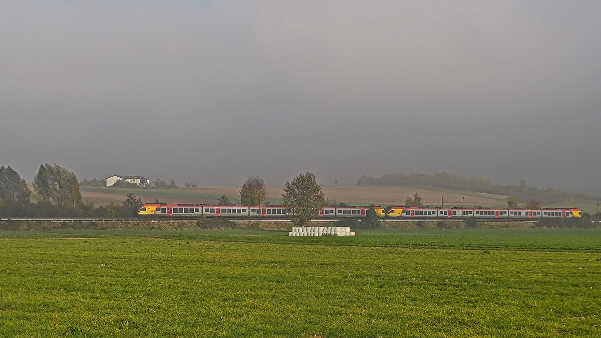 . HLB (Hessische Landesbahn) FLIRT 429 double unit is running through the misty landscape between Bad Nauheim and Butzbach on November 1st, 2014.