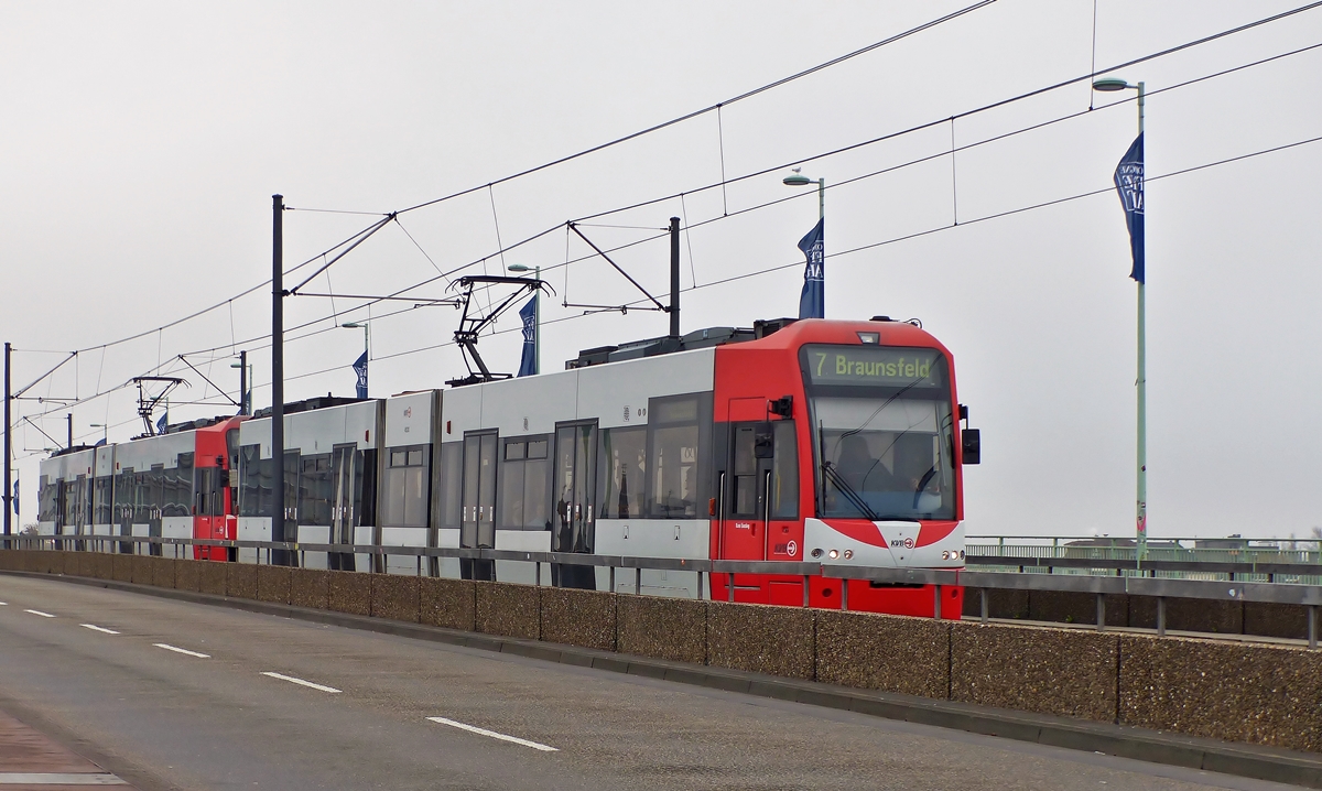 . KVB double tram is running on the Deutzer Brcke in Cologne on November 20th, 2014.