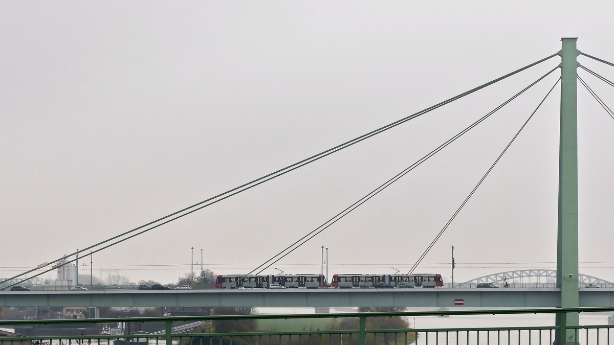 . KVB double tram is running on the Severeinsbrücke in Cologne on November 20th, 2014.