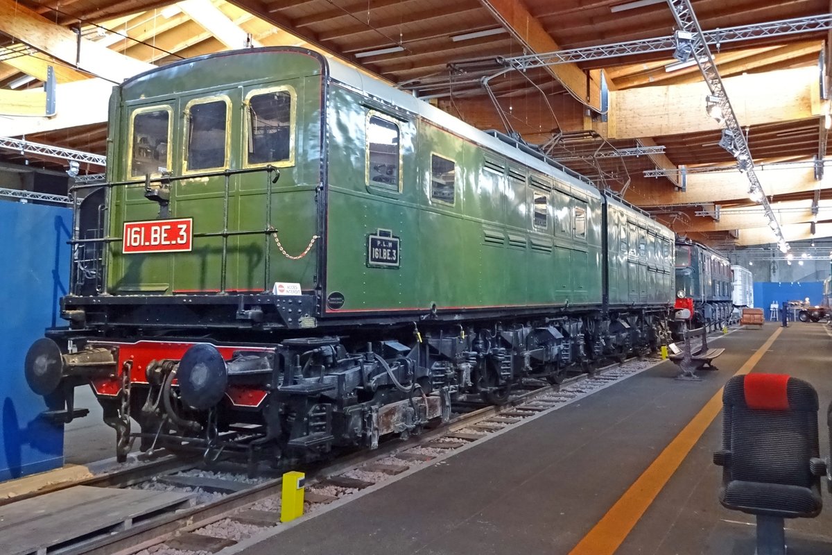  PLM 161 BE-3 stands in the Cité du Train in Mulhouse and was photographed on 30 May 2019. In 1927, the Paris-Lyon-Mediterranée PLM ordered ten double locos with axle formation 1ABBA1 that where equipped with a third rail for electric current collection. After 1938, these engines became SNCF Class 3600 and were decommissioned in 1973. All were scrapped expect 3603, which stands now in the Cité du Train in Mulhouse after being restored into her originsal form.