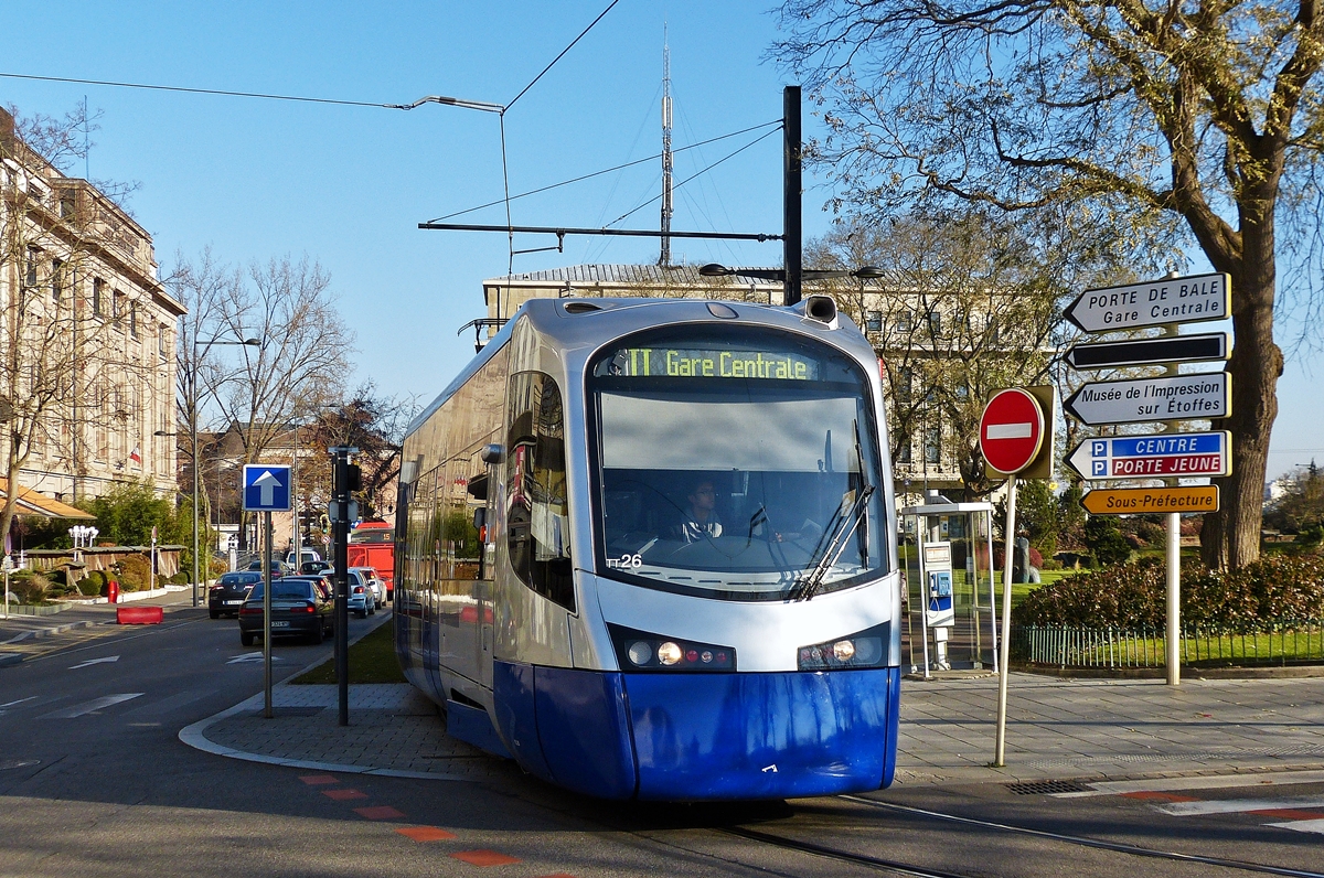 . SNCF Siemens Avanto N 26 is running through Rue du 17 Novembre in Mulhouse on December 10th, 2013.