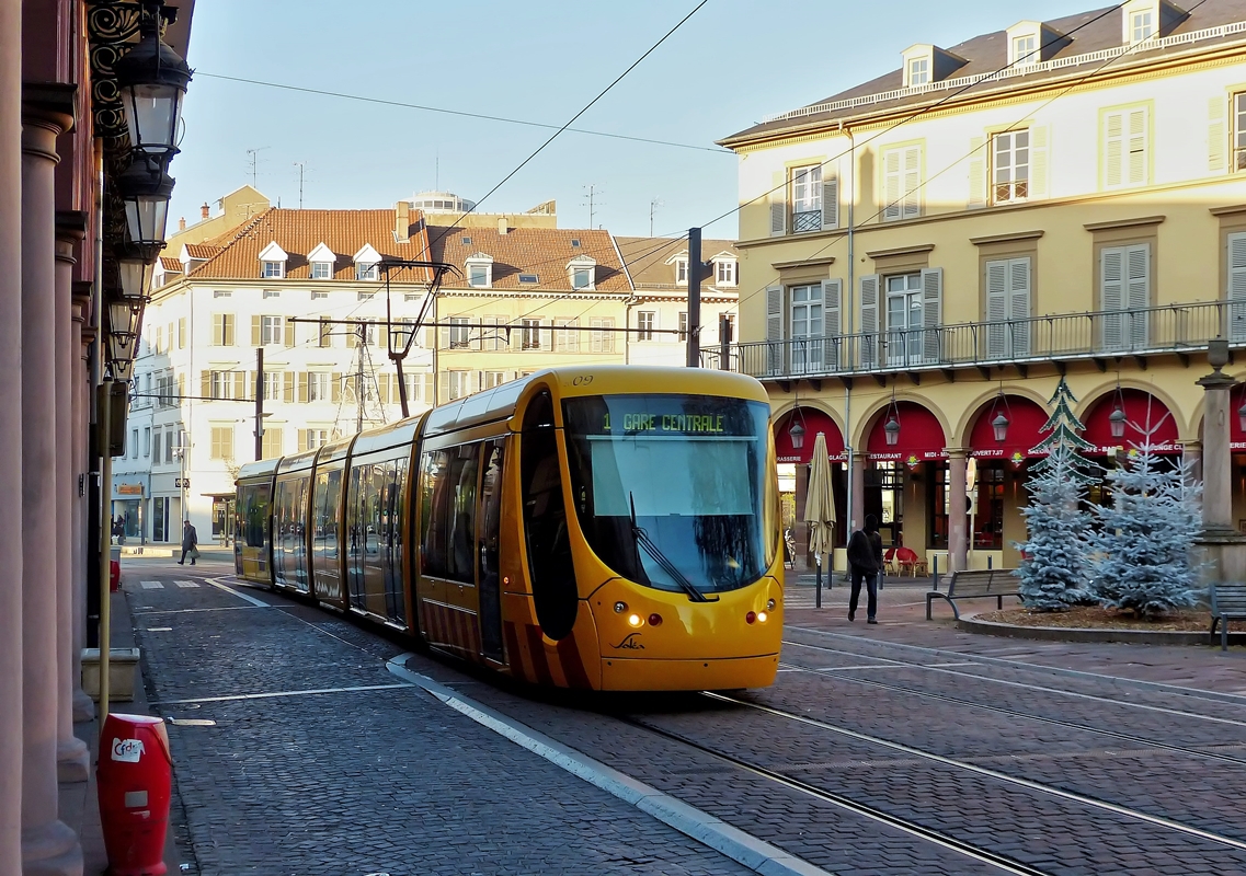 . Sola Citadis tram N 2009 is running through the Avenue du Marchal Foch in Mulhouse on December 10th, 2013.