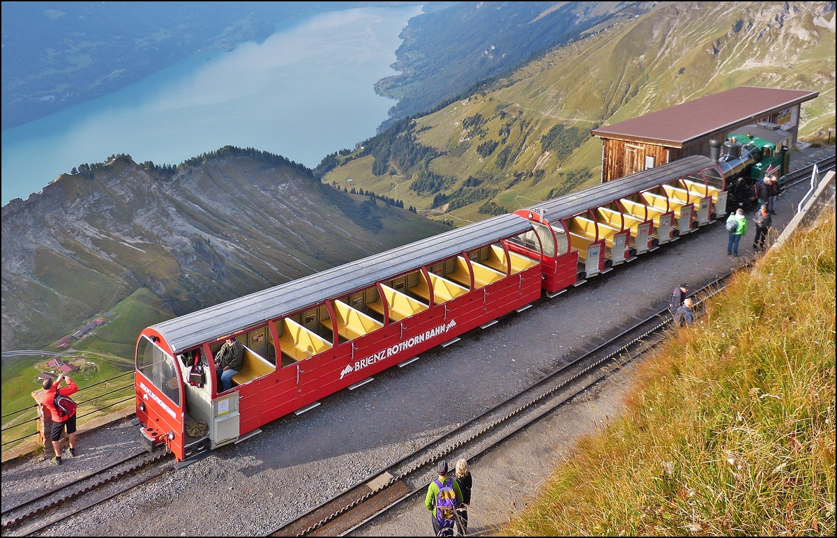 . The BRB summit station Rothorn Kulm and the Lake Brienz photographed on September 28th, 2013.