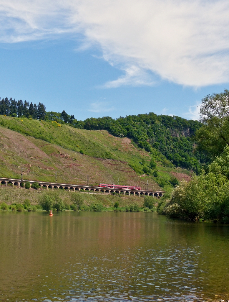 .  The EMU 442 708/442 208  Winningen  is running on the Slope viaduct near Pünderich on May 13th, 2015.