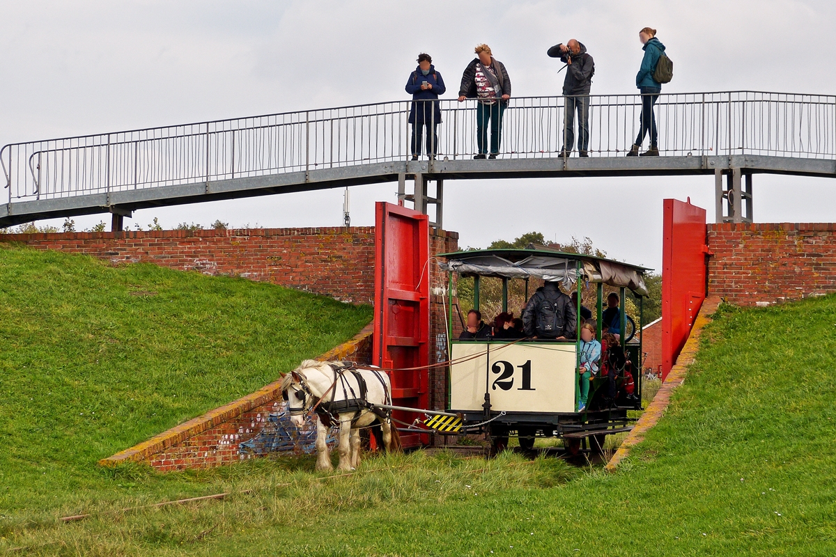 . The heritage car N 21 of the Museumspferdebahn Spiekerogg photogaphed on the island Spiekeroog on October 9th, 2014. 