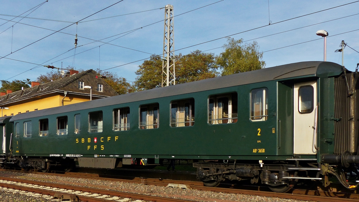 . The heritage SBB wagon AB4 3658 (CH-CBB 518538-40 024-4 AB) taken in Perl on October 19th, 2014.