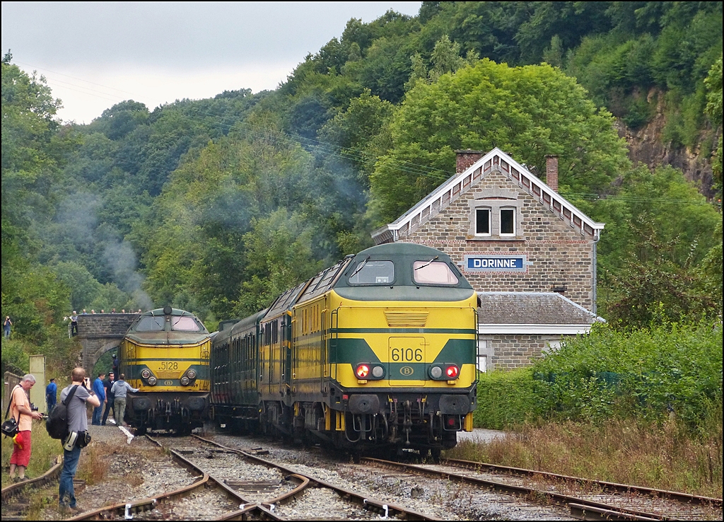 . The HLD 5128 and 6106 photographed in the station Dorinne-Durnal on the heritage railway track Le Chemin de Fer du Bocq on August 17th, 2013.