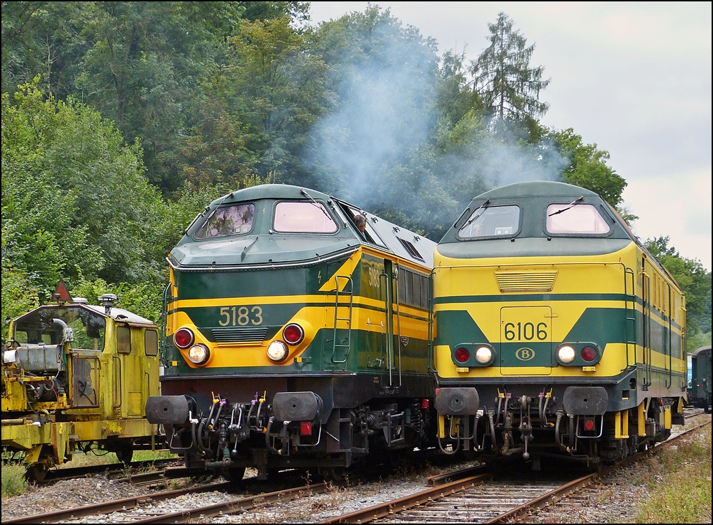 . The HLD 5183 and 6106 pictured side by side in the station Dorinne-Durnal on the heritage railway track Le Chemin de Fer du Bocq on August 17th, 2013.