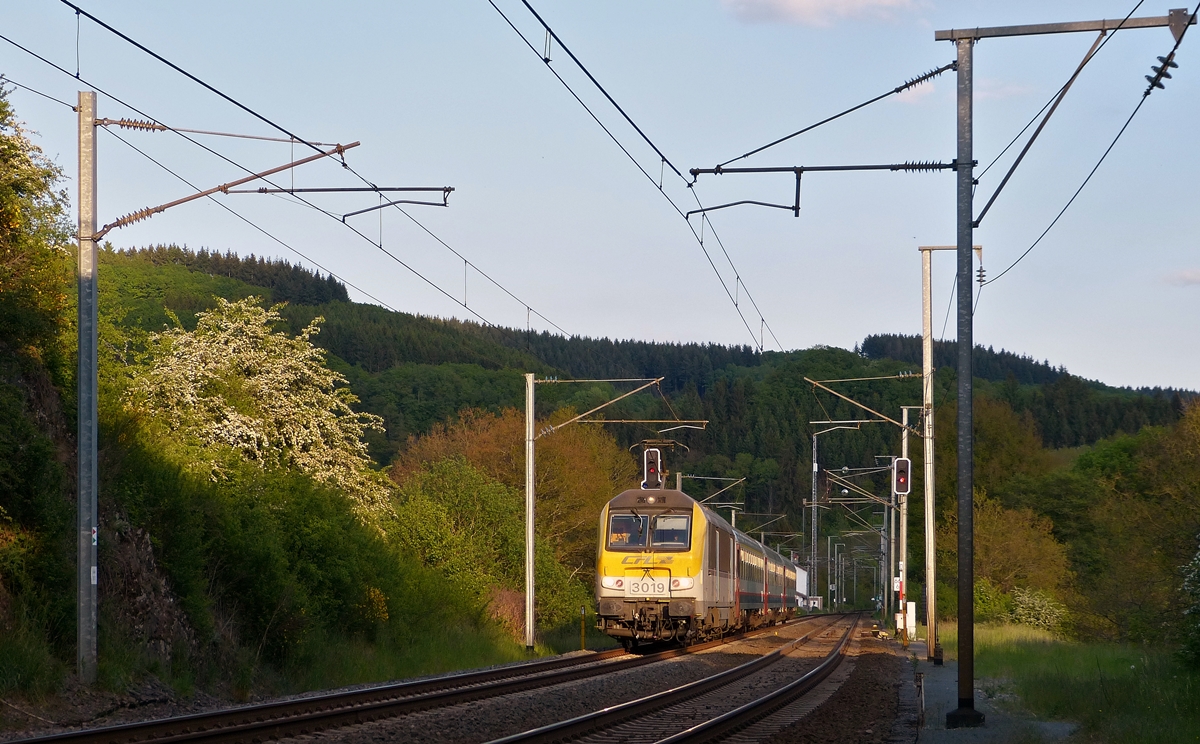 . The IR 120 Luxembourg City - Liers is running between Lellingen and Wilwerwiltz illuminated by the last sunrays of May 19th, 2014.