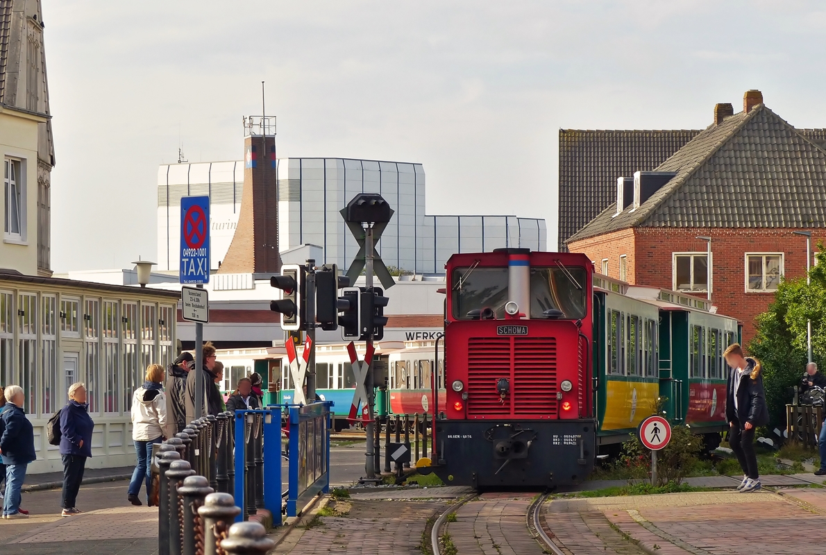 . The Schöma Diesel engine  Berlin  is hauling its heritage cars out of the station of Borkum (Nordseebad) on October 8th, 2014.