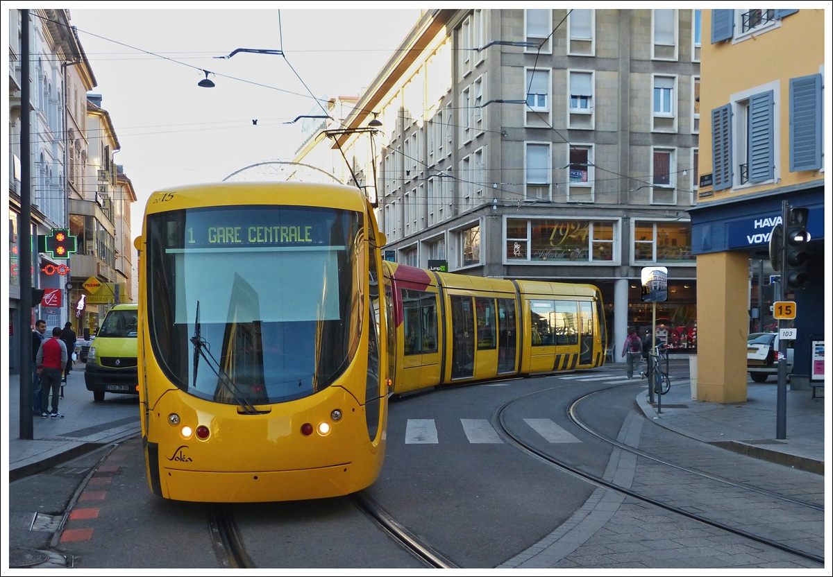 . The Sola Citaris 302 N 2015 is arriving at the stop Rpublique in Mulhouse on December 10th, 2013.