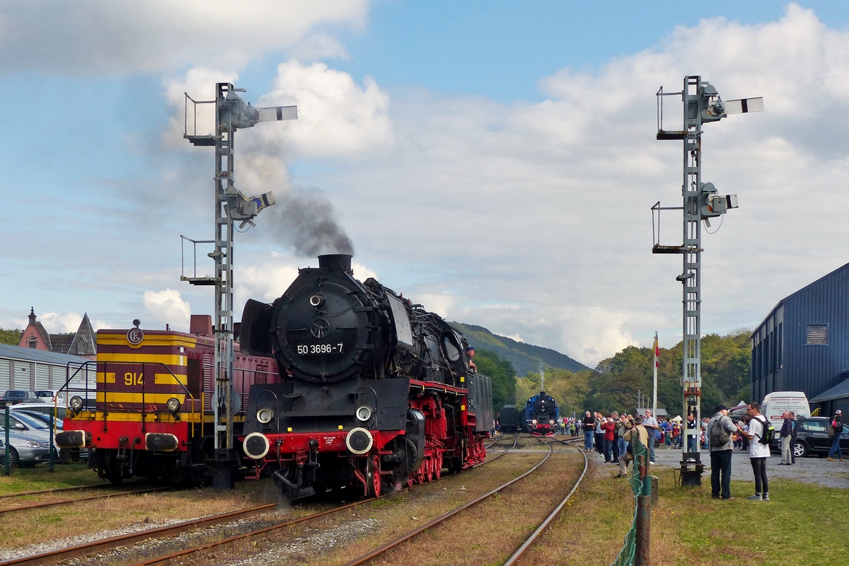 . The steam engine 50 3696-7 of the heritage railway CFV3V (Chemin de Fer à Vapeur des 3 Vallées) photographed in Treignes on September 27th, 2014.