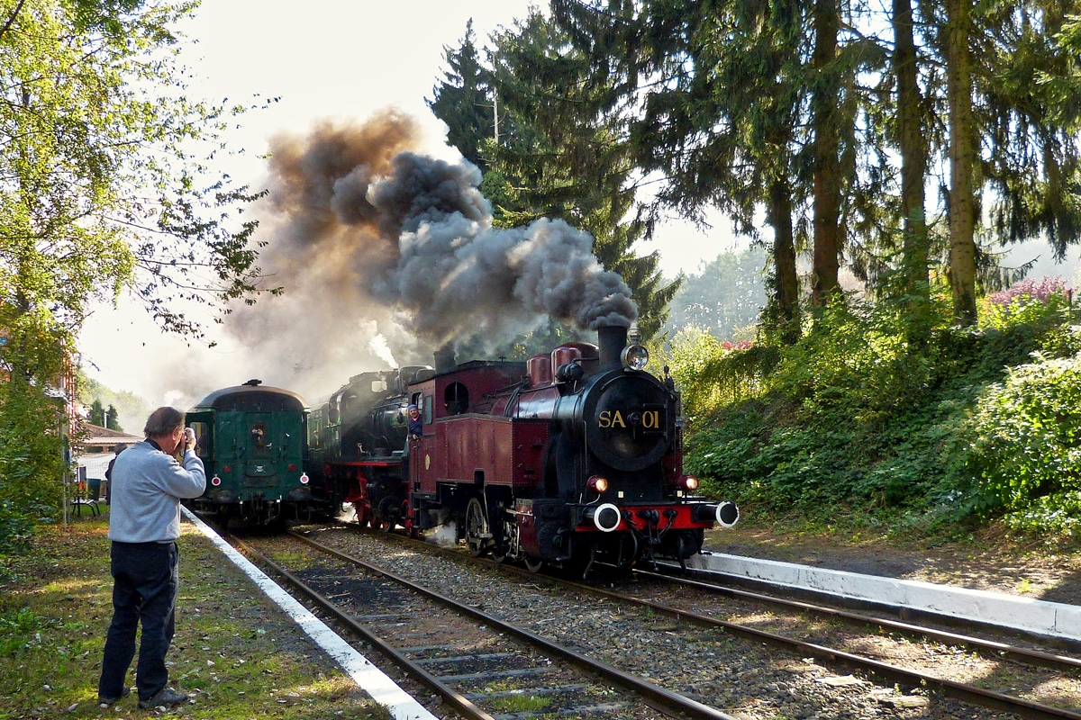 . The steam engine SA 01 of the heritage railway CFV3V (Chemin de Fer à Vapeur des 3 Vallées) is leaving the station of Olloy-sur-Viroin on September 27th, 2014.