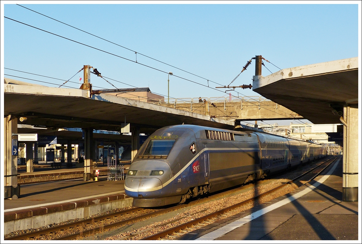 . The TGV Duplex 218 is waiting for passengers in Mulhouse Ville on December 11th, 2013.