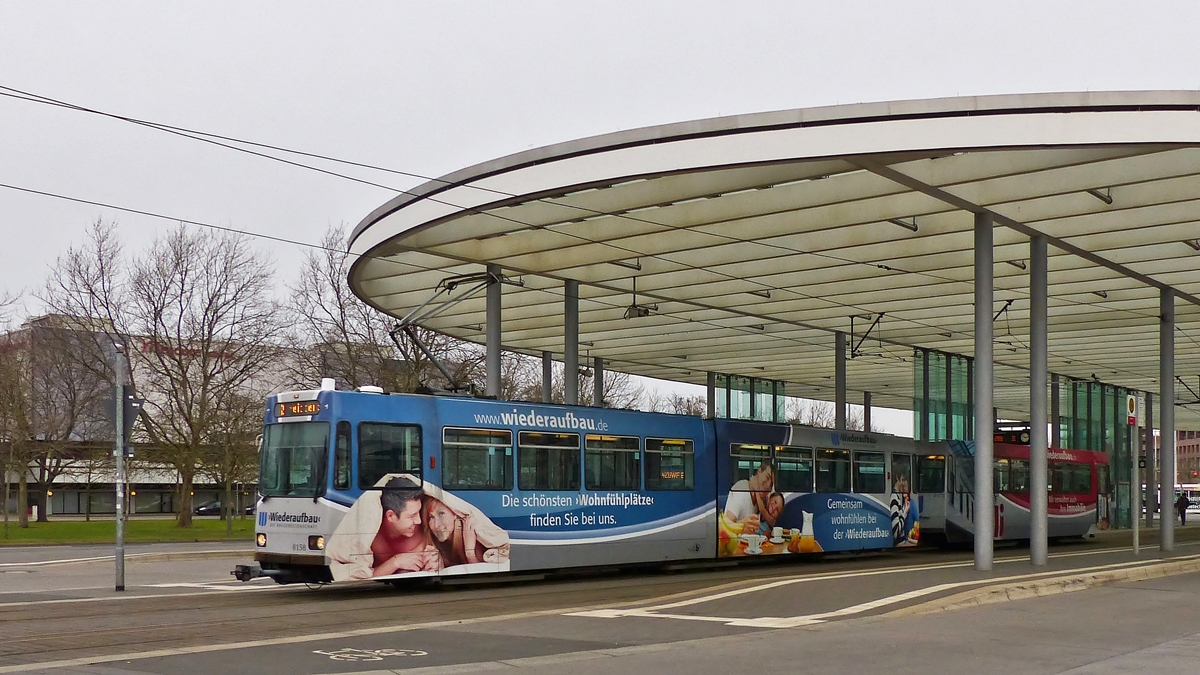. Tram N 8158 is leaving the stop Hauptbahnhof in Braunschweig on January 3rd, 2015.