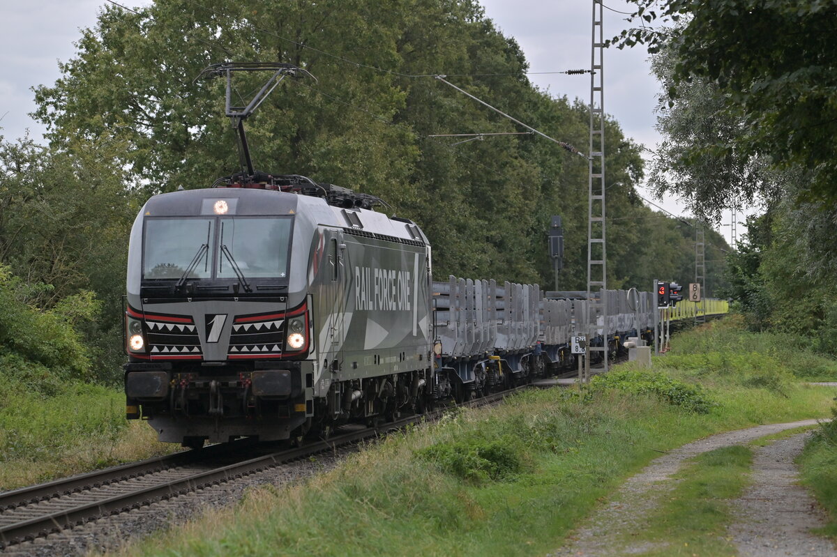 193 623 from Rail Force One with a lot of cars with steelplates upon came near Nixhof in direktion Boisheim this afternoon. 21th of septembre 2023.
