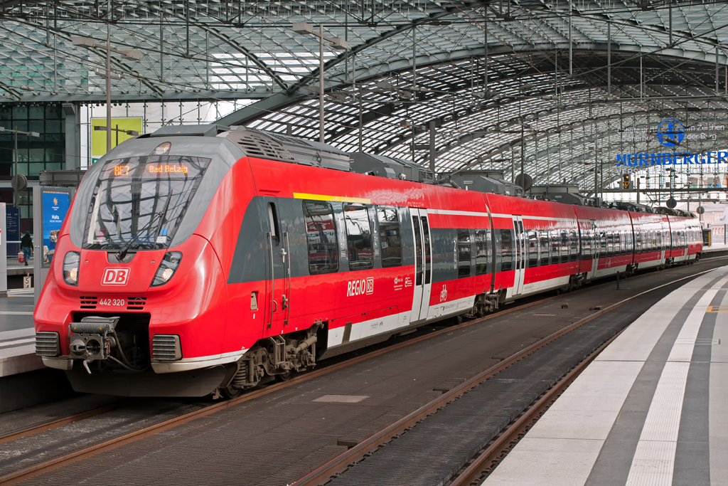 442 320-8, 
Manufacturer: Bombardier Transportation GmbH, [D]-Hennigsdorf
Construction number: HEN 25873
Year of construction: 2012
Acceptance date: 2013-03-10
Owner: DB Regio AG - Region Nordost
Owners designation: 442 320
Current Operator: Regionalbereich Berlin/Brandenburg, [D]-Potsdam
Railyard: Berlin-Lichtenberg
Location: Pic was taken 2017-03-11 in Berlin Hbf ( Lehrter Bhf ) and shows 442 320-8 in service as RE7 towards Bad Belzig