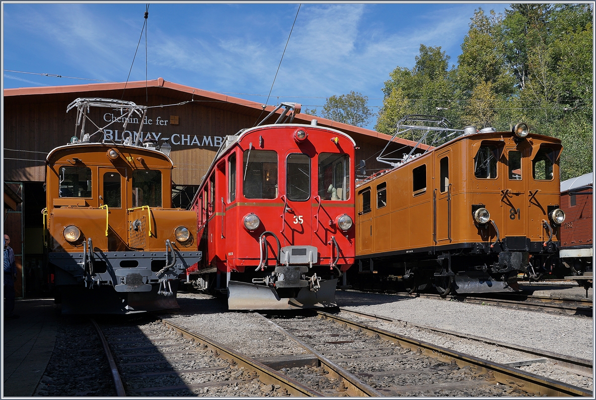 50 years Blonay -Chamby Railway - Mega Bernina Festival (MBF): The Ge 2/2 161 Asnin ,  The ABe 4/4 N° 35 and the Ge 4/4 81 in Chaulin.
08.09.2018