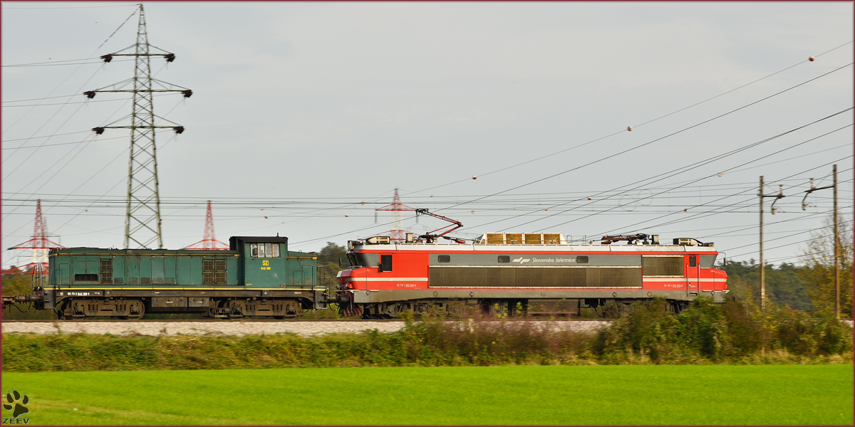 642-188+363-009 pull freight train through Bohova on the way to Pragersko. /15.10.2014