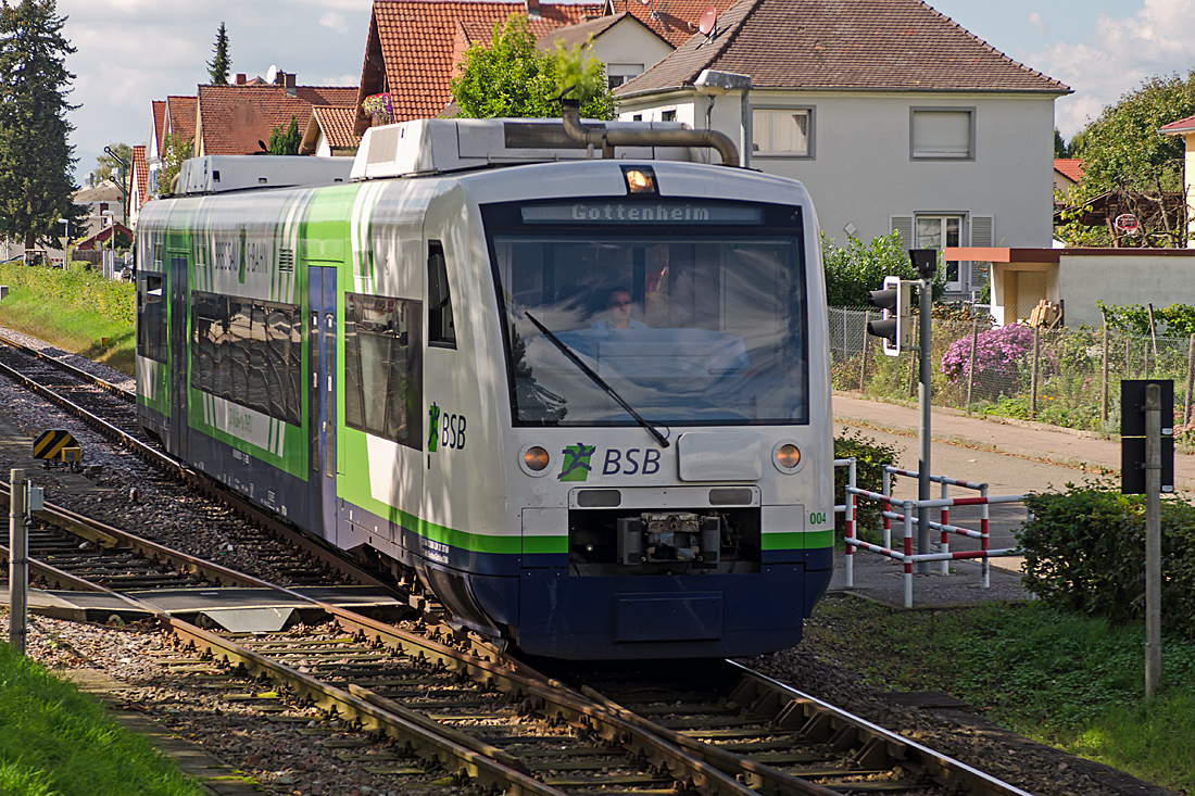650 031-7 / VT 004 ( 95 80 0650 031-7 D-BSB ), built by ADtranz in 1998, serial number 36609, owned and operated by Breisgau-S-Bahn GmbH (BSB), based at Endingen a.K. railyard. The train is named after the small village of   Wasenweiler  . Endingen a.K., 2014-09-20