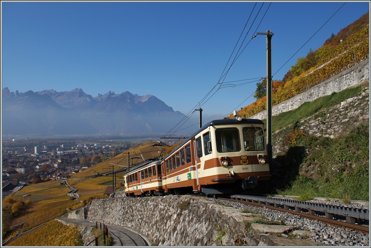 A AL local train to Leysin over Aigle. 
01.11.2015