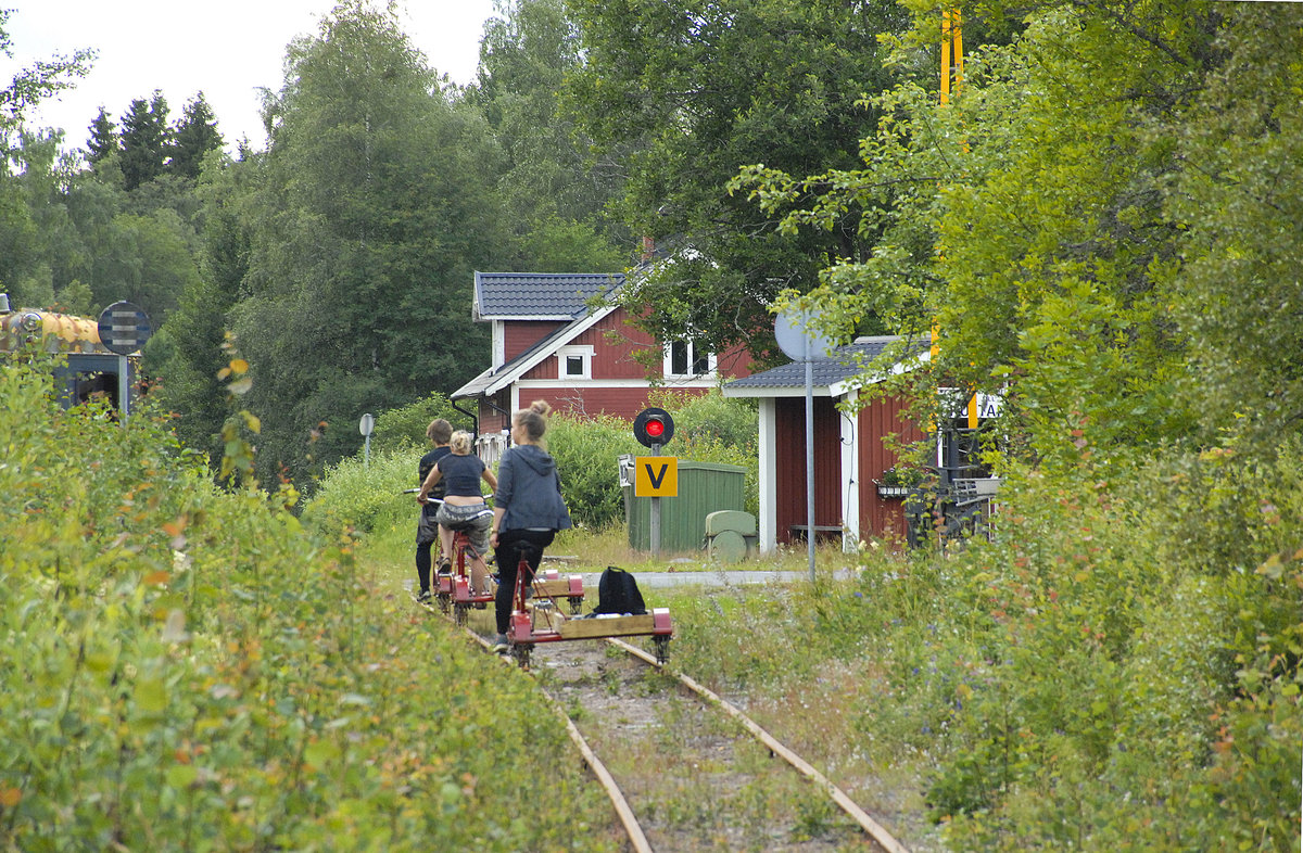 A draisine trip on the narrow gauge railway from Virserum to Åseda in Sweden. The photo was taken just east of the railway station of Hultanäs. Date: 18. July 2017.