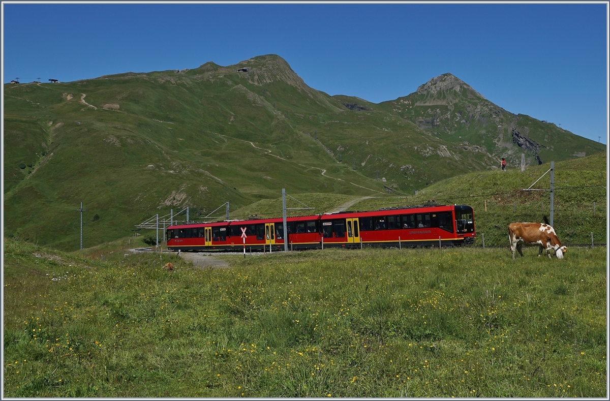 A Jungfraubahn (JB) train between Kleine Scheidegg and Eigergletscher. 08.08.2016