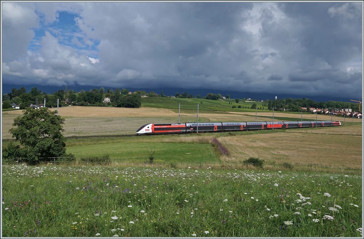 A Lyria TGV from Geneva to Paris near Satigny.

02.08.2021