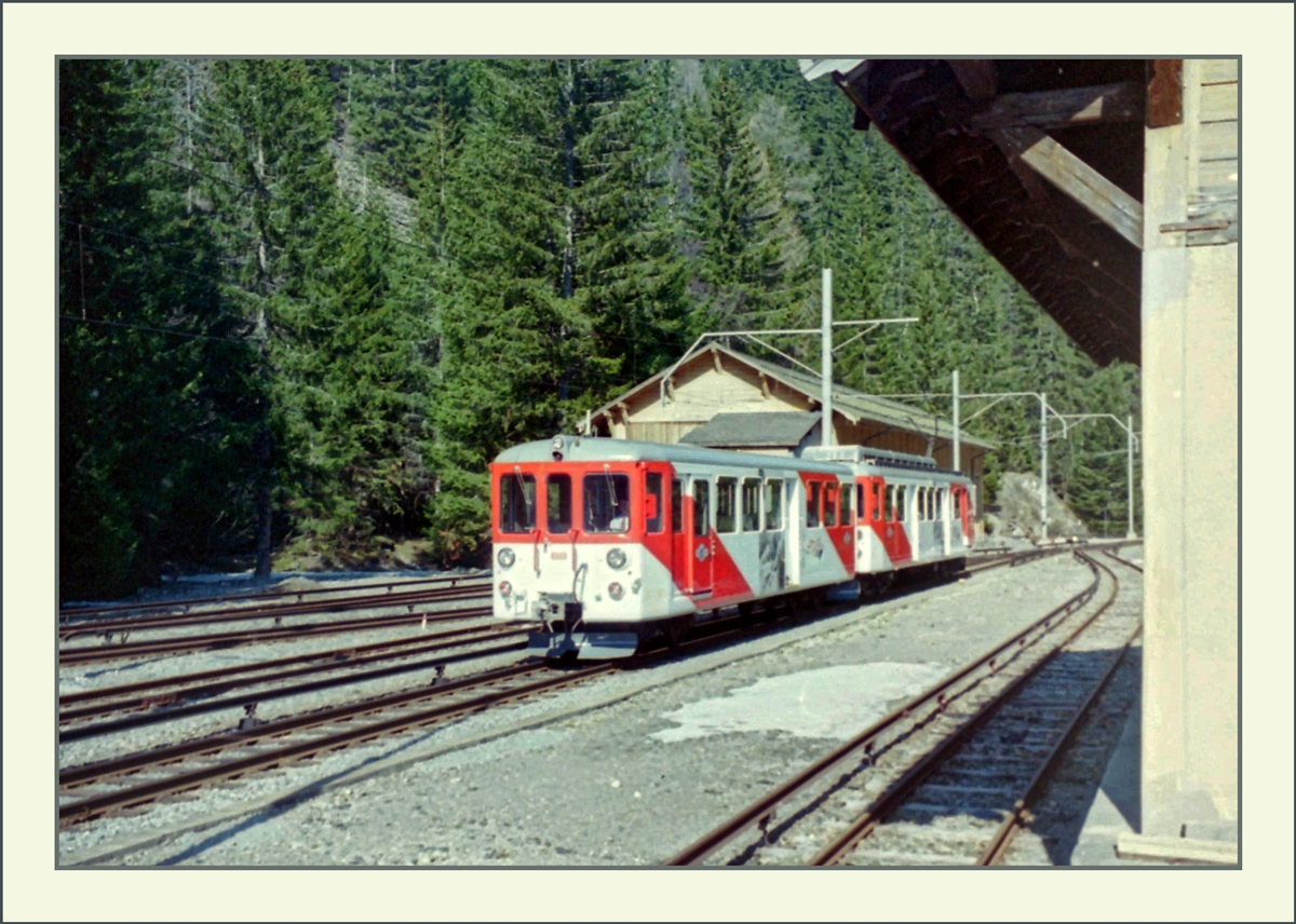 A MC local train from Martigny is arriving at Châtelard Frontiere. 

Spring 1997