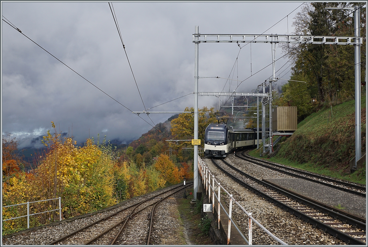 A MOB  Alpina  Service on the way to Montreux is arriving at the Chamby Station. 

24.10.2020