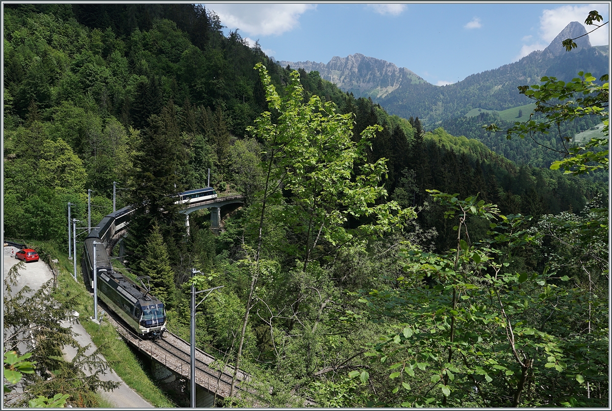 A MOB Ge 4/4 Serie 8000 wiht his MOB Panoramic Express on the way from Zweisimmen to Montreux between Les Avants and Sendy-Sollard. 

17.05.2020