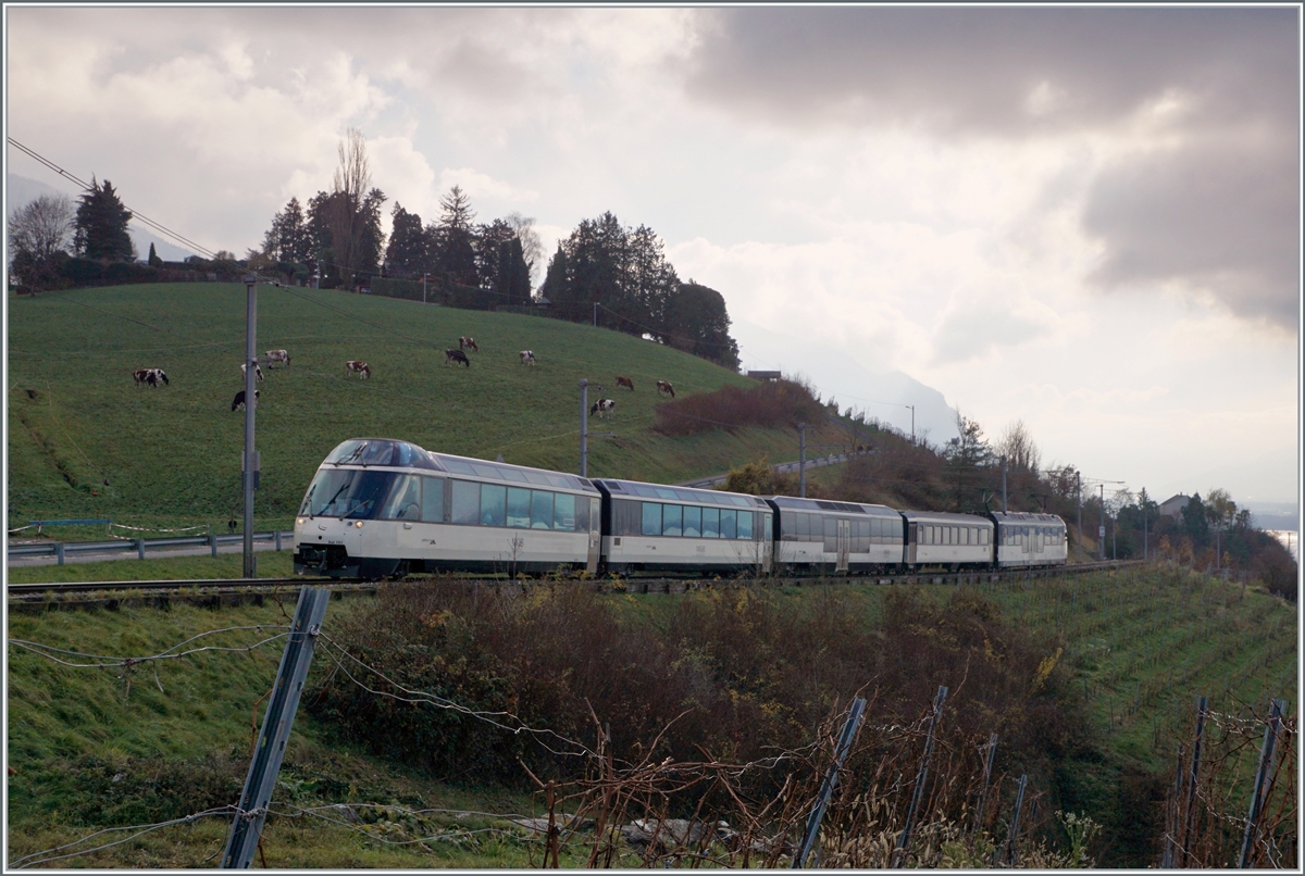 A MOB Panoramic Express from Montreux to Zweisimmen between Châtelard VD and Planchamp. 

11.12.2022