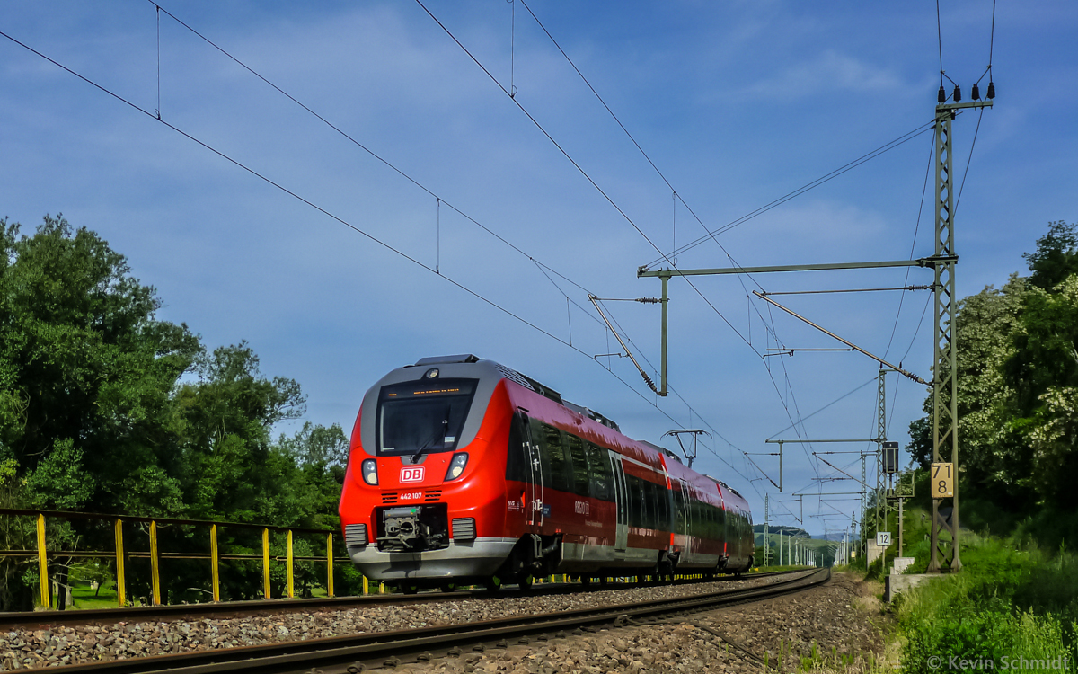 A regional express train with emu series 442 107, called 'Talent 2', is on the ride from Jena to Nuremberg near Saalfeld, Thuringia. (15 June 2013)