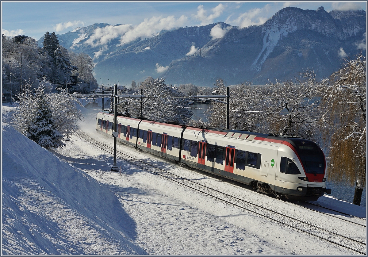 A SBB Flirt RABe 523 on the way to Lausanne in the winter landscape by Villeneuve. 

29.01.2019