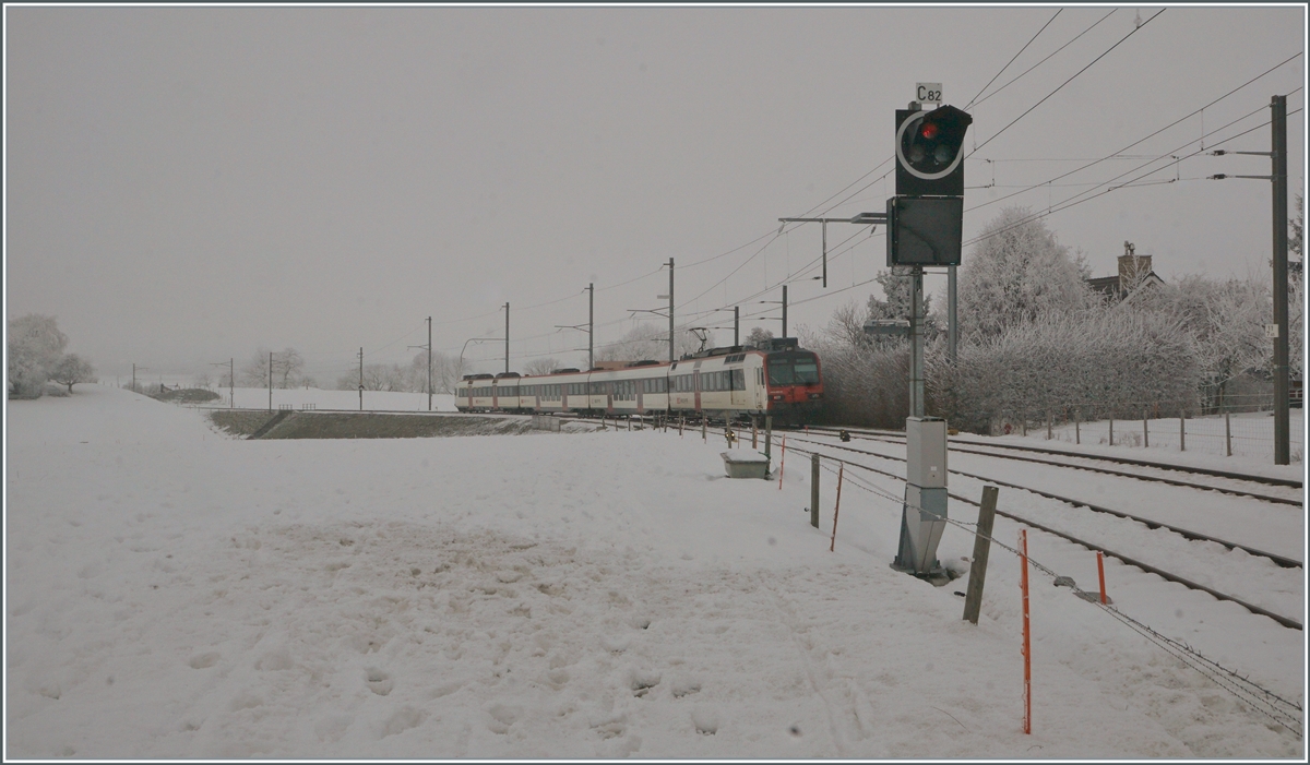 A SBB RBDe 560  Domino  on the way to Romont in Vuisternens-devant-Romont. 

22.12.2021