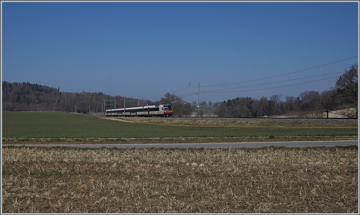 A SBB RBDe 560 on the way to Fribourg by Courtepin on the TPF Linie. 

09.03.2022