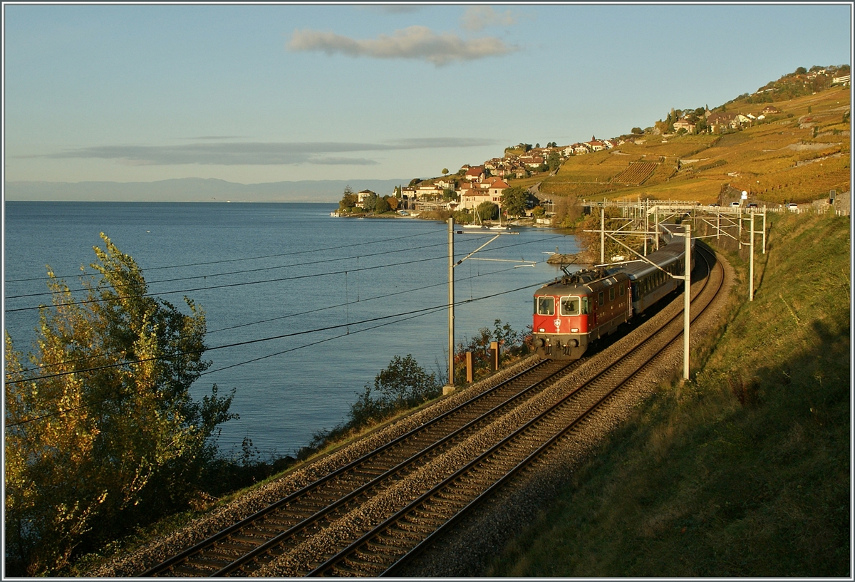 A SBB Re 4/4 II with a Dispo-Zug on the way to Lausanne between St Saphorin and Rivaz. 

30.10.2013
