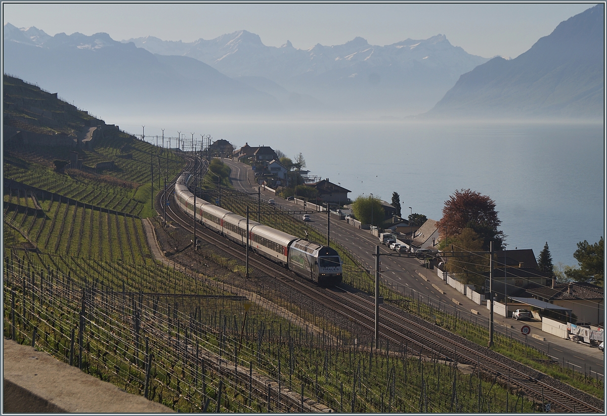 A SBB Re 460 wiht his IR on the way to Geneva Airport near Cully. 

20.04.2018