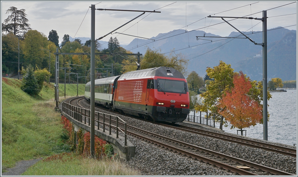 A SBB Re 460 wiht an IR 90 near Villeneuve. 

21.10.2020