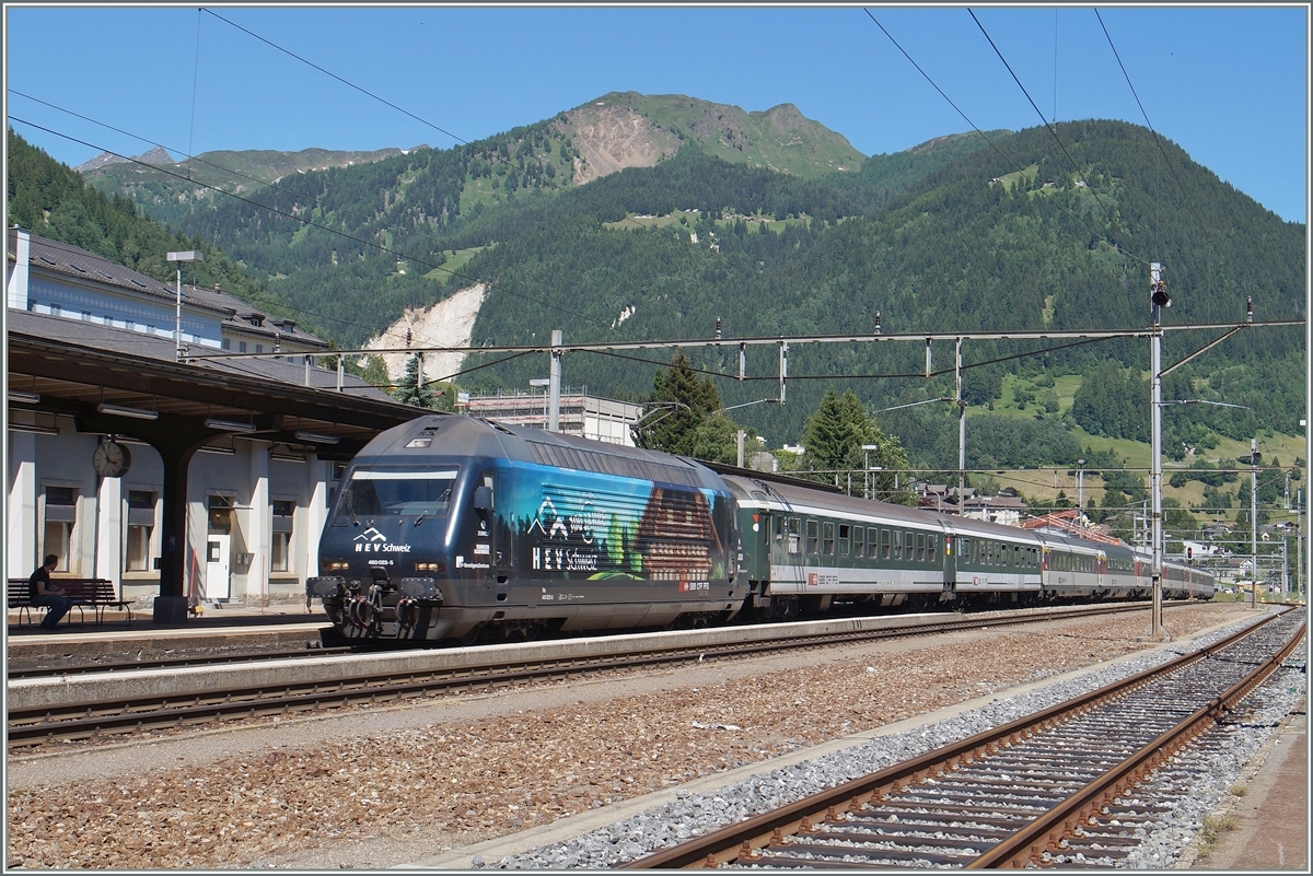 A SBB Re 460 with an IR in Airolo. 
24.06.2015