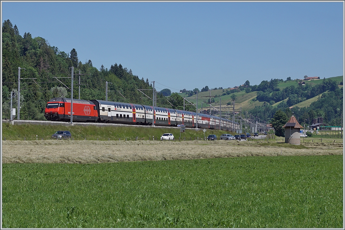 A SBB Re 460 with an IC on the way to Brig by Reichenbach in Kandertal. 

14.06.2021