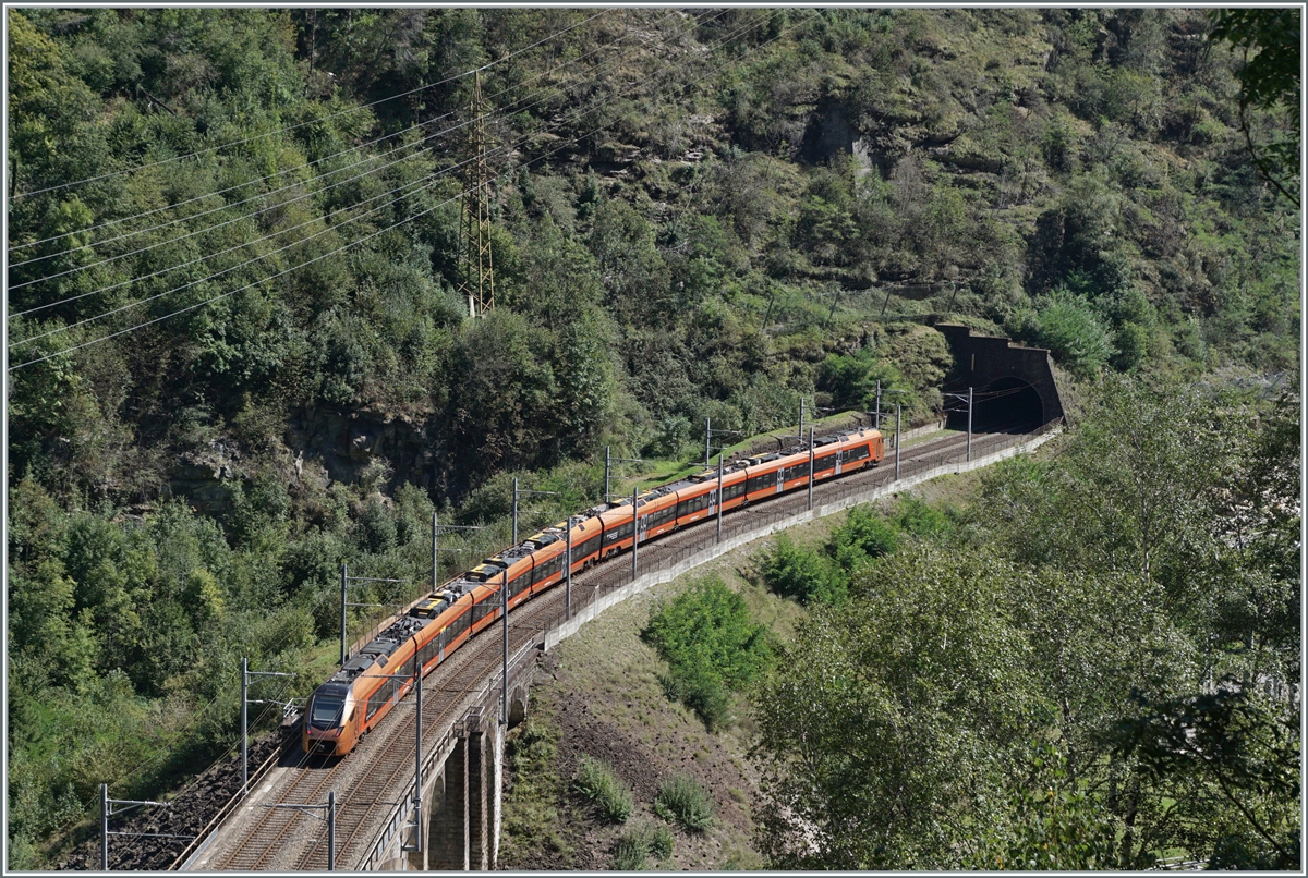 A SOB TRAVERSO RABe 526 drives as  Treno Gottardo  over the 103 meter long Polmengo Bridge, on the way to Locarno 

Sept. 4, 2023