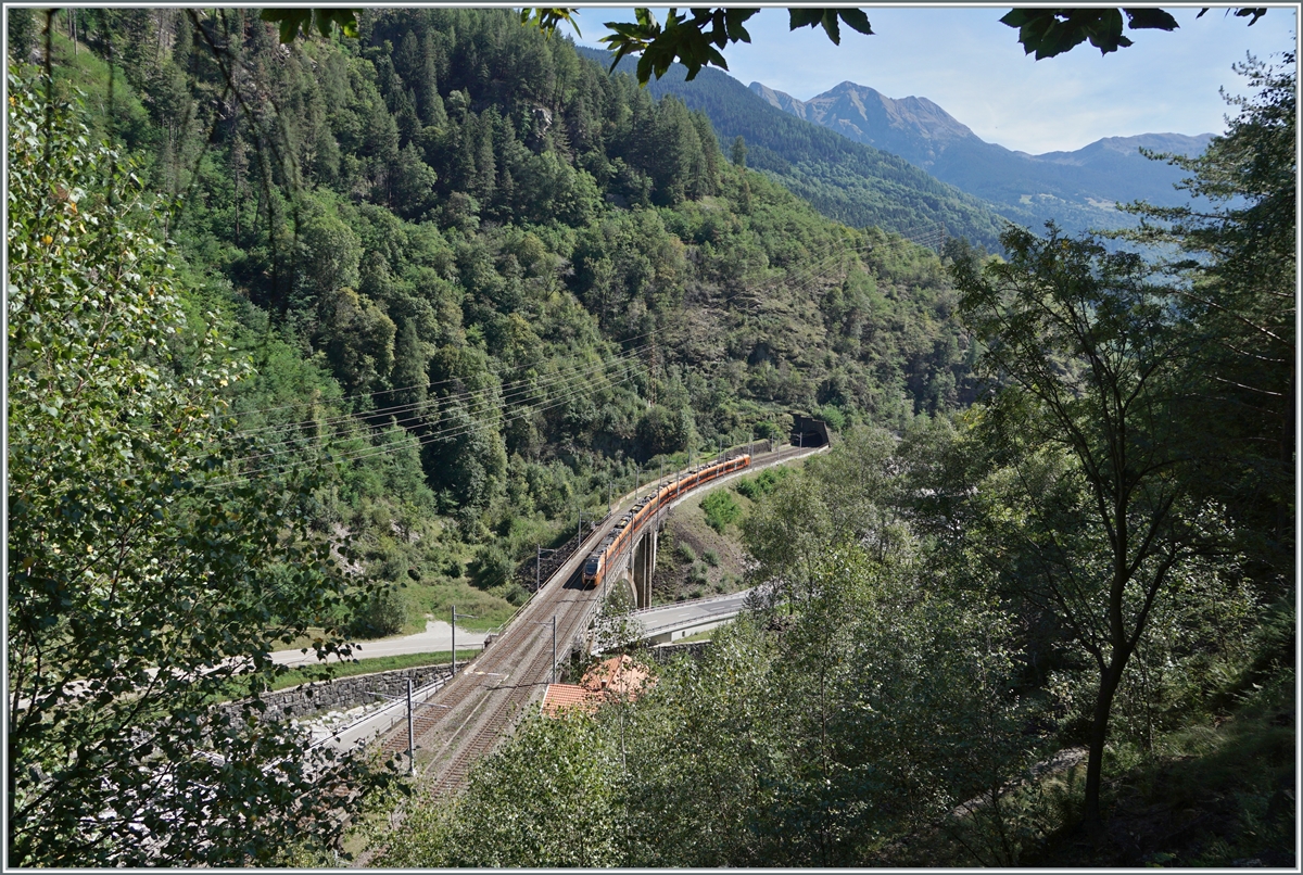 A SOB TRAVERSO RABe 526 drives as  Treno Gottardo  over the 103 meter long Polmengo Bridge, and will immediately drive into the 1567 meter long Prato Tunnel, which is designed as a 360 ° circular tunnel and thus gains a height difference of a good 40 meters.

Sept. 4, 2023