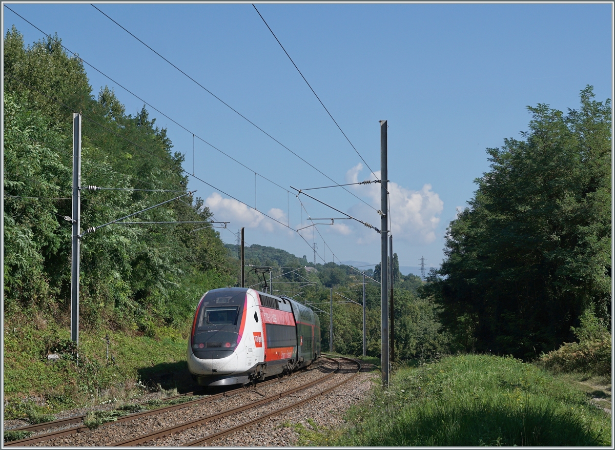 A TGV Lyria on the way from Paris to Geneva between Pougny-Chancy (F) and La Plaine (F).

06.09. 2021